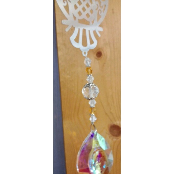 Silver Owl Iridescent Crystal Prism Sun Catcher Window Hanging 16 1/2" Gift New - Picture 6 of 6